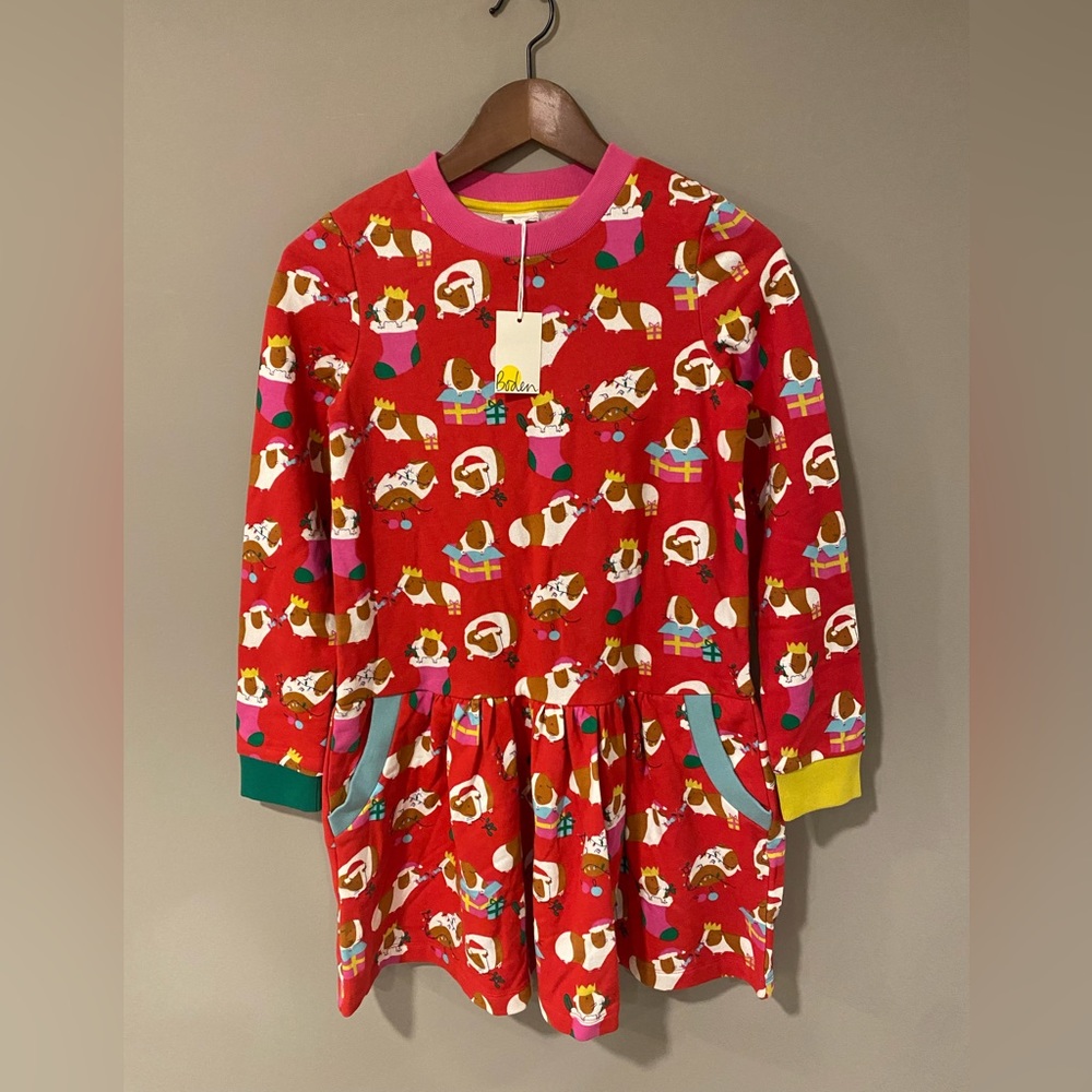 Mini Boden Cozy Printed Sweatshirt Dress-Red Festive Guinea Pig Size 11-12Y